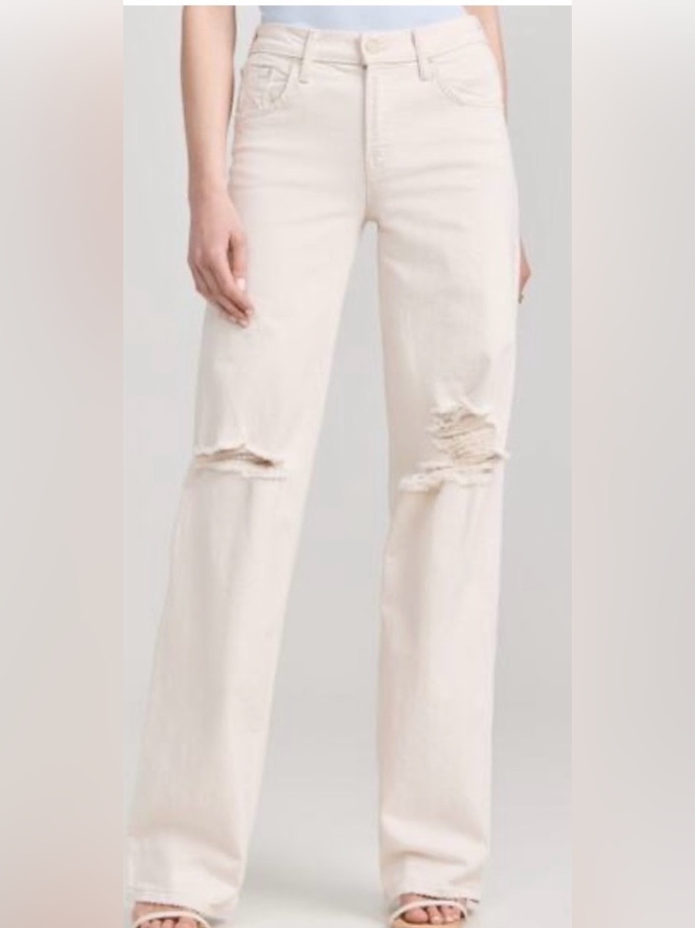 MOTHER Cream Distressed Wide-Leg Jeans